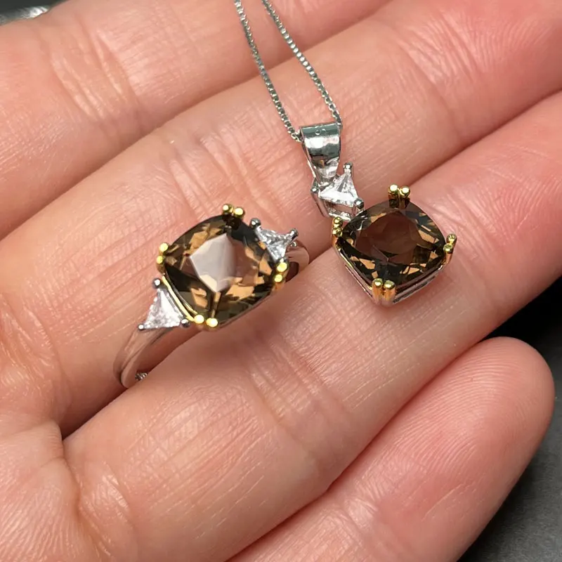 Natural Smoky Quartz jewelry set Ring and pendant 8mm VVS Grade Quartz 925 Silve jewelry set with Gold Plating