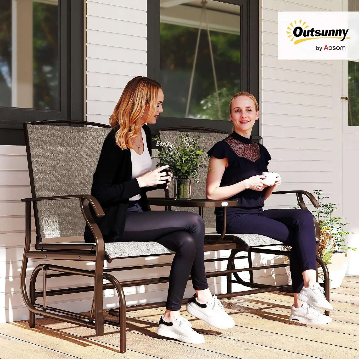 Outdoor Glider Loveseat with Table Metal Frame Armrests, Customized