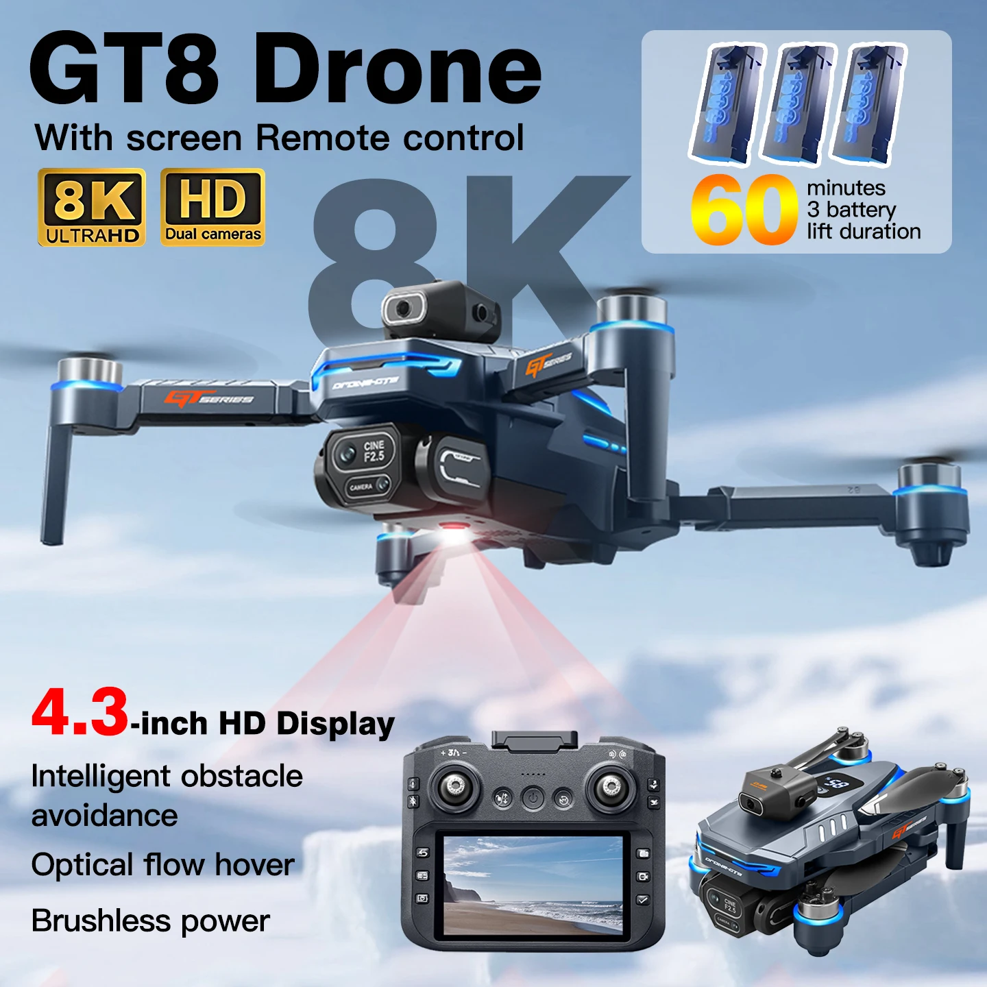 For Genuine GT8 Drone 8K Professional Dual Camera GPS FPV Brushless Motor Optical Flow Hovering Folding Quadcopter RC Dron Toys