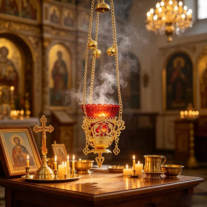 High End Gilded Orthodox Hanging Oil Lamp Hand Carved Hollow Lace Red Crystal Decor Bell Chain Cathedral Priest Sacred Altar Pra