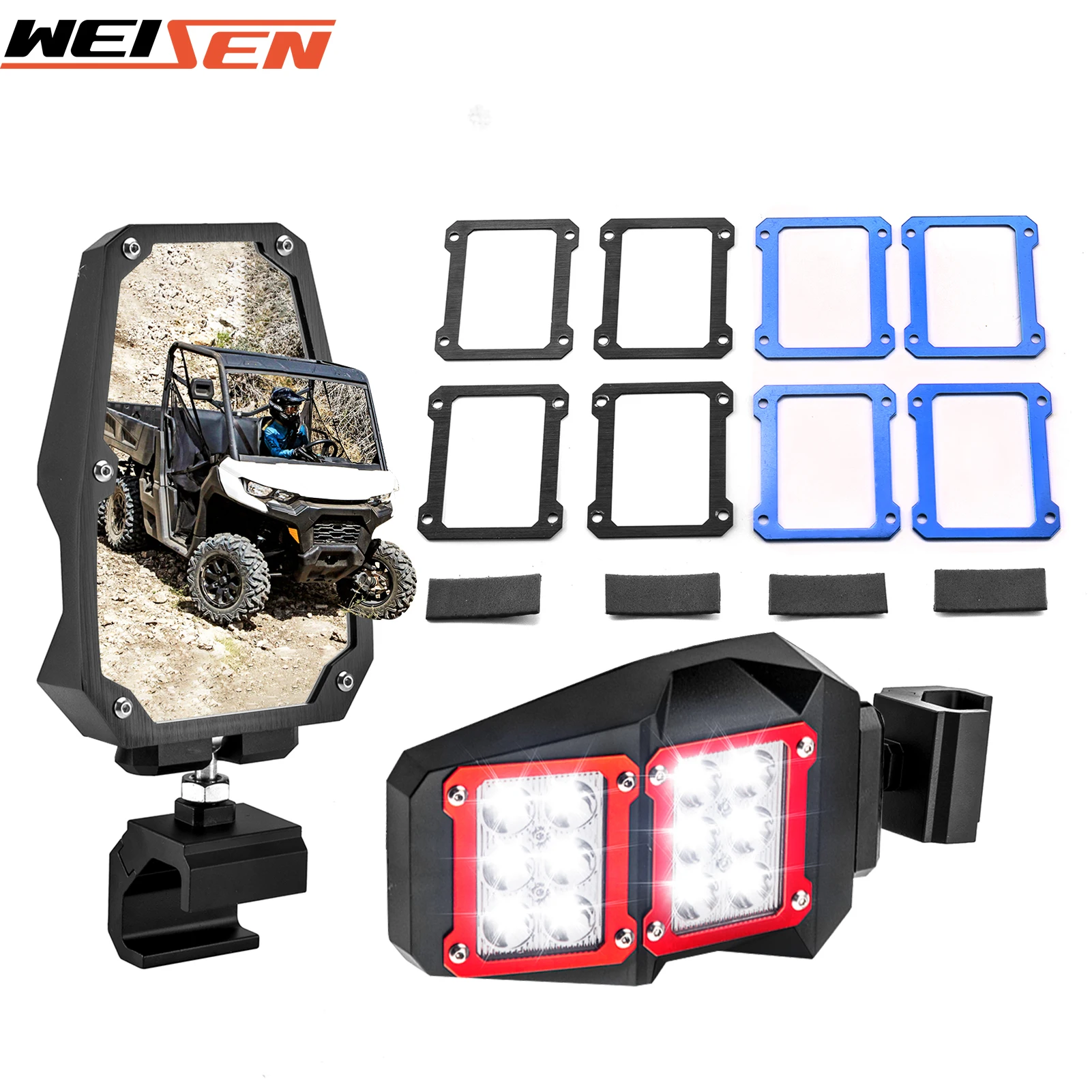 UTV Off Road Racing Flat Side Rear View Mirror with 24 Led White Spot Light for Can Am Defender Commander Maverick Trail/Sport