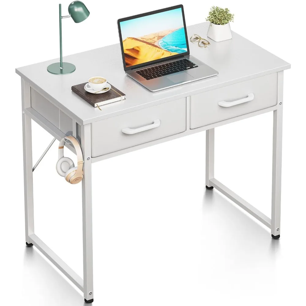 

32 Inch Desk with Fabric Drawers- for Bedroom, White Vanity Desk with Storage, Home Office Computer Desk