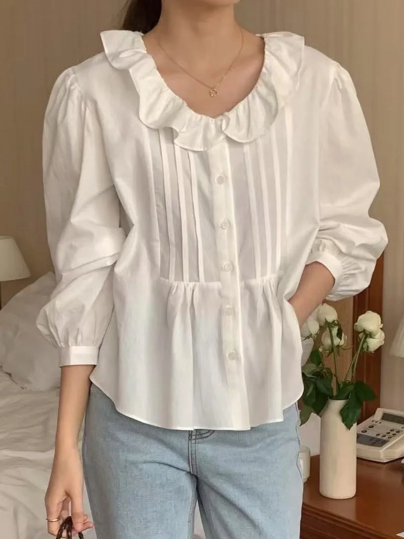 

Early Spring Faionable Sweet And Gentle Doll Collar irt Women's Korean Sle Bubble Sve Ultra Cute Top Quali Material