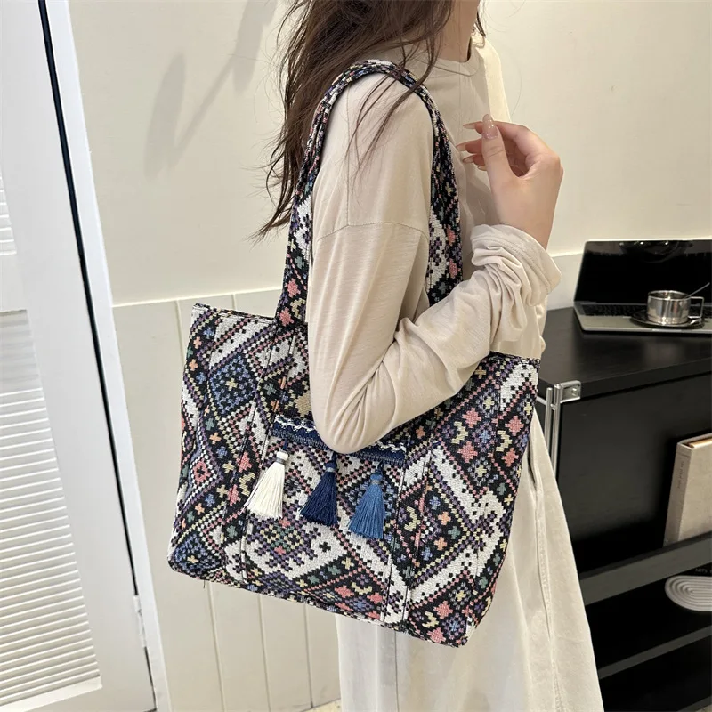 Ethnic Style Large Capacity Hand Bags Retro Casual Tote Handbags Student Bag Canvas Bags For Women Shoulder Bag