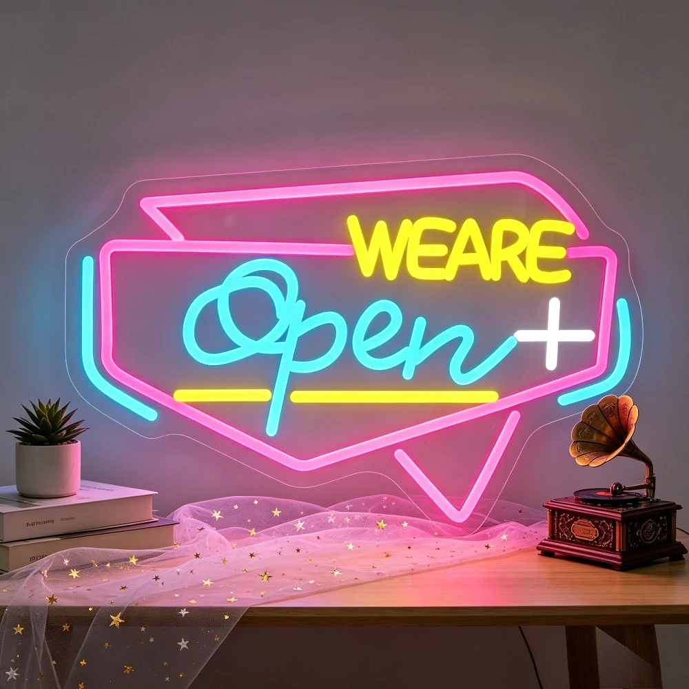 We Are Open Neon Sign USB Dimmable LED Wall Light for Bar Gym Club Cafe Flower Shop Boutique Creative Studio Shop Front Decor