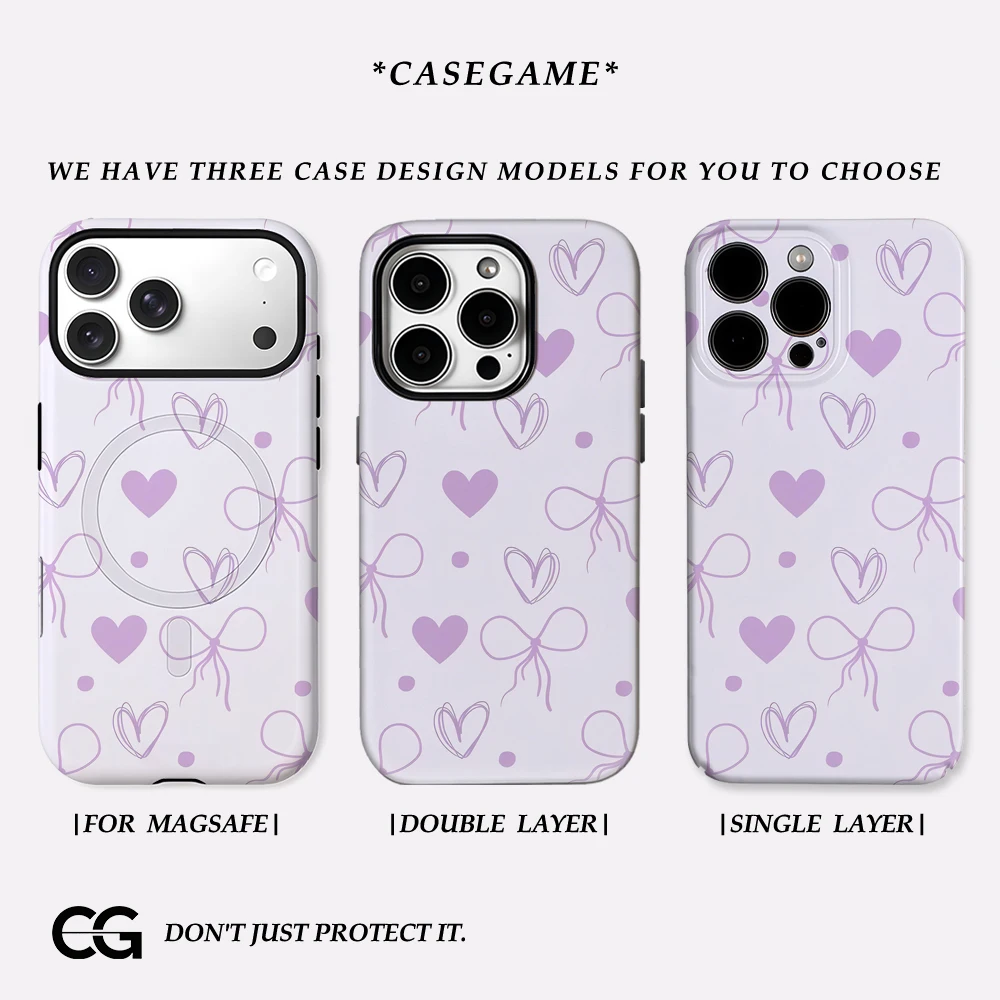 

Чехол для телефона IPhone17 с лавандовым бантом и сердечком для 16, 15, 14 Plus, 13, 12, 46 Pro Max, противоударная двухслойная задняя крышка