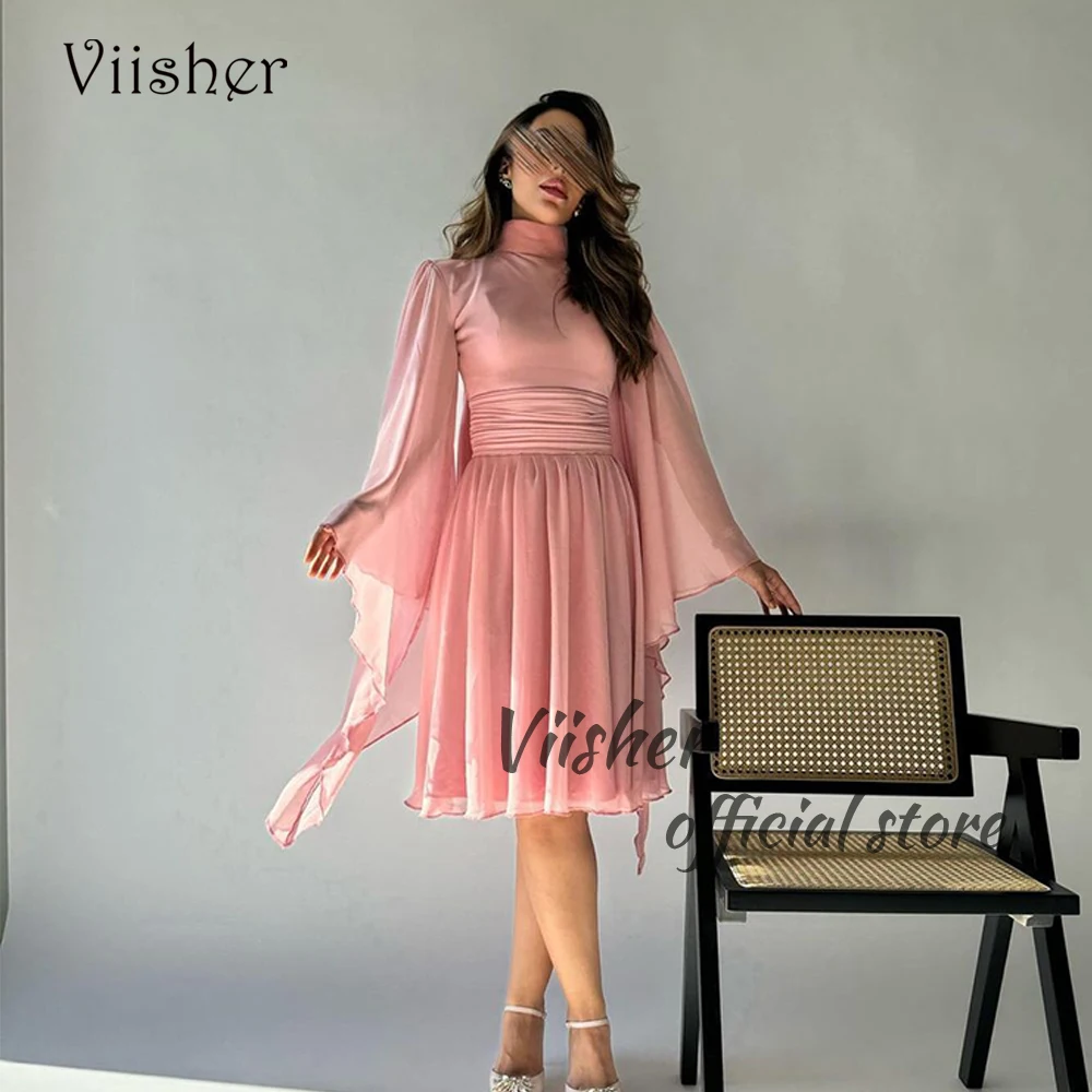 

Pink Chiffon Short Prom Dresses Long Sleeve High Neck Arabian Dubai Formal Party Dress Knee Length Outfits Evening Gowns