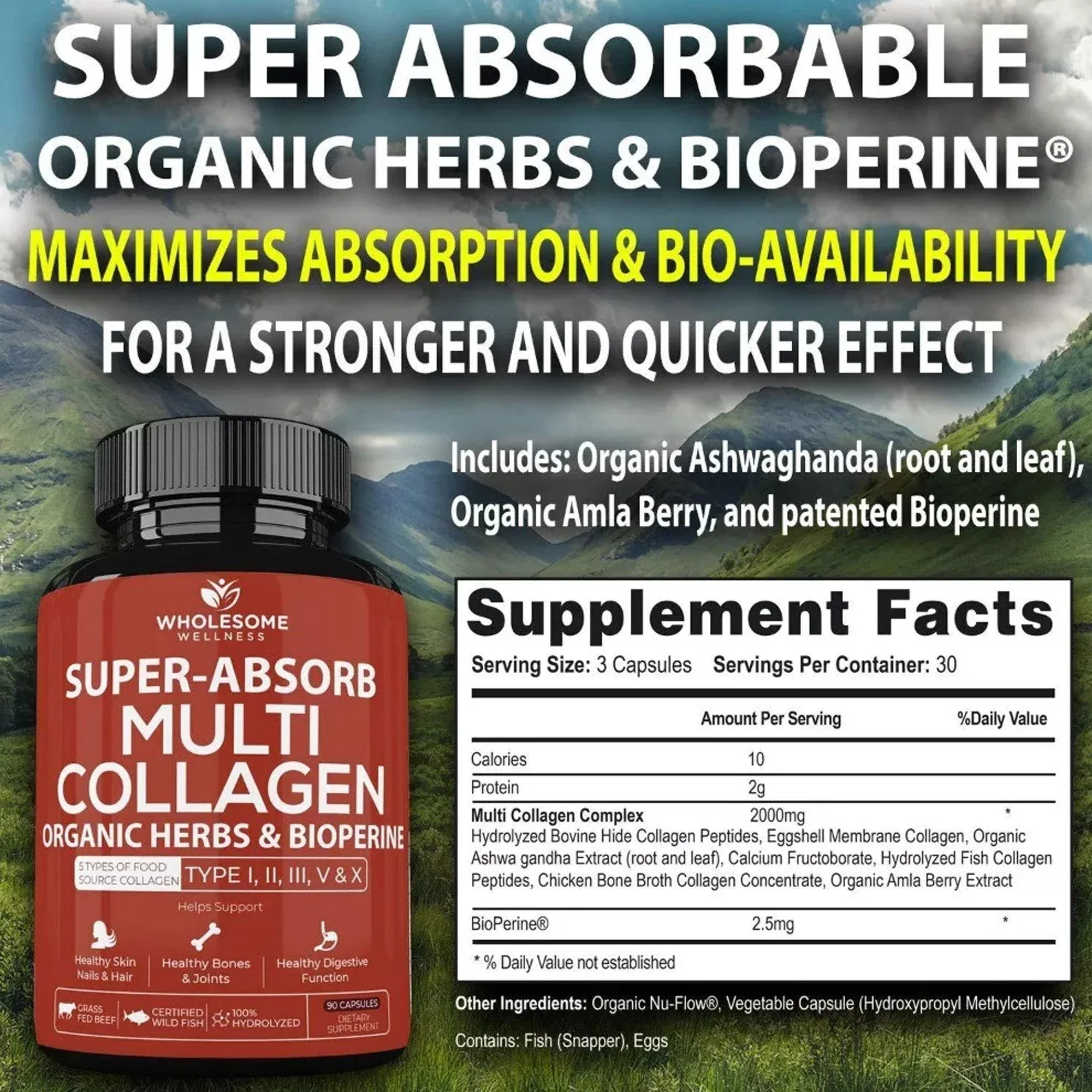 Super-Absorb Multi Collagen, Skin & Nail Health, Anti-Aging, Bone & Joint Health - Type I,II,III,V,X, Ashwagandha, BioPerine