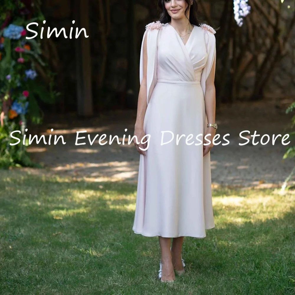 

Simin Satin V-neck A-line Appliques Formal Luxury Prom Gown Ankle-length Evening Elegant Pretty Party dresses for women 2023