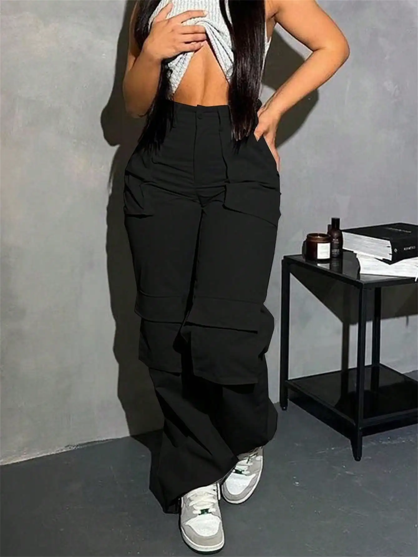 Women Workers Wear High-waisted Casual Pants Loose Wide-leg Joggers Wear Pocket Pants for The Street and Women Wear Sports Pants