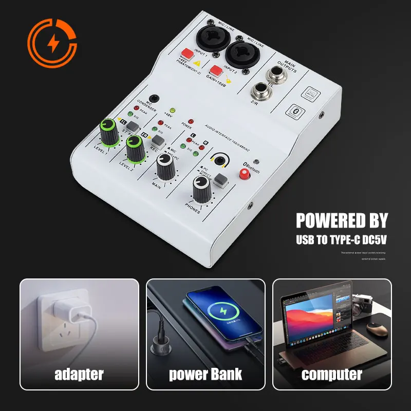 Likheung 2-Kanal Professionelle tragbare Audio-Interface-Soundkartenkonsole Mini-USB-MISCHER für Gitarren-Aufnahmestudio-Gesang