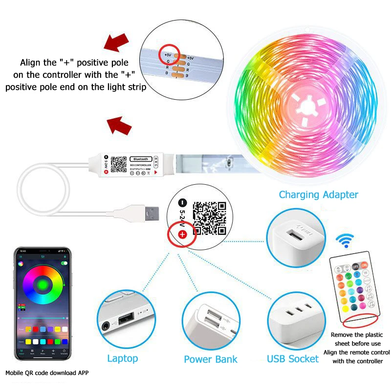 5 050RGB LED Strip 1/2/3/5/10/15M IR/BT telecomando a 24 tasti LED String DC5V luce USB per la decorazione dell'atmosfera domestica