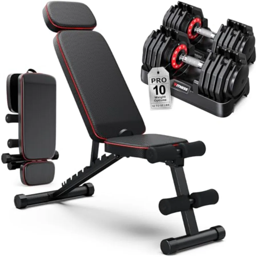 

Adjustable Dumbbells Set of 2, 1 Hand Adjustable Weights Dumbbell Set and Workout Bench, 55lb Pair Weight Set For Home Gym Suit both Men and Women, Compact for Small Space Apartment Room