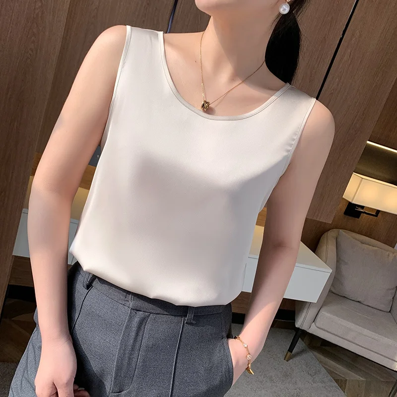 

Silk Csole Tank Top Women's Summer round Ne Loose Base irt Faion Versatile Inner And Outer Wear Casual Sle Svel