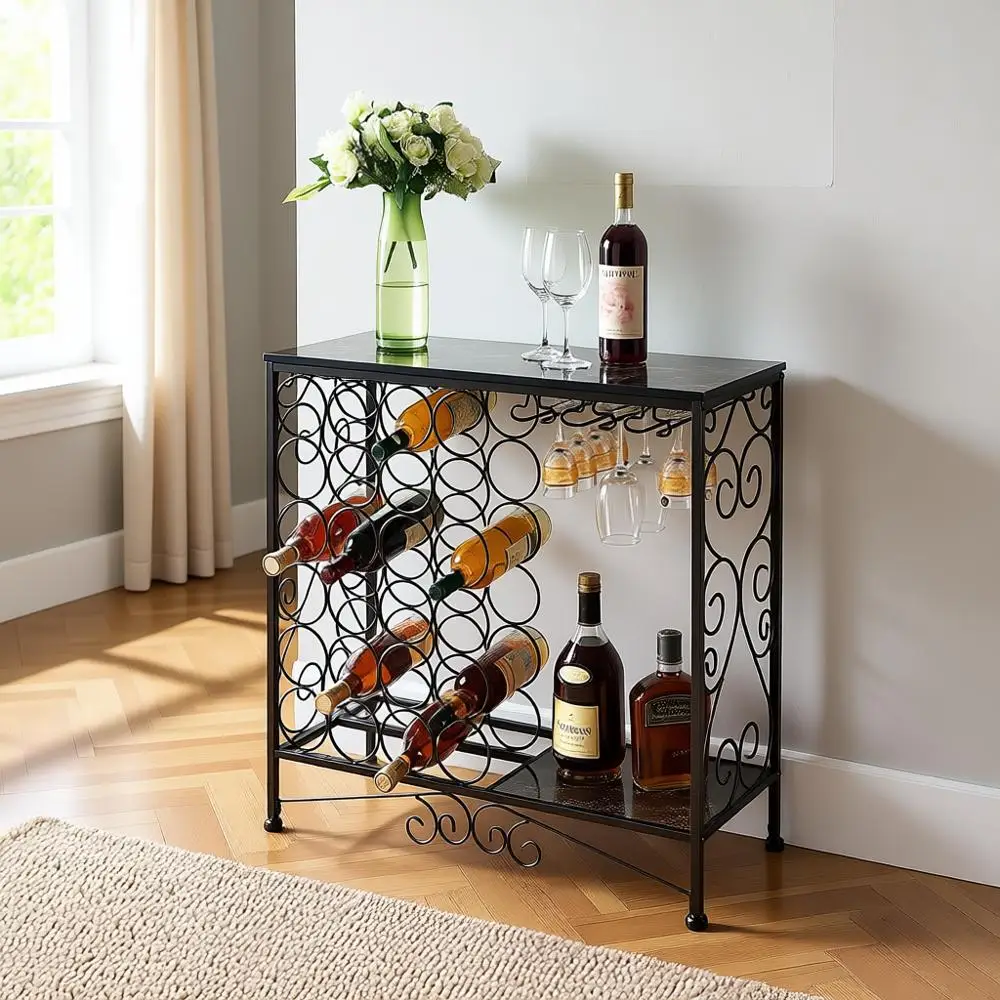 

24-Bottle Wine Rack Table with Liquor Cabinet and Glass Holder