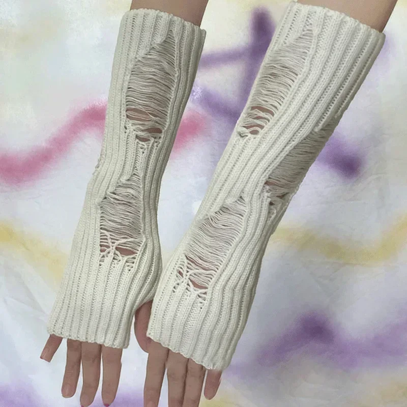 Unisex Gloves Knitted Ripped Oversleeves Men Women Warm Arm Sleeve Tattered Punk Fingerless Cuff Glove Elbow Mittens Arm Warmer