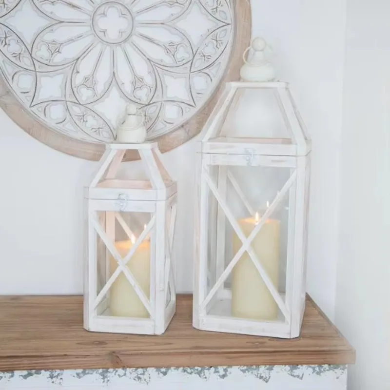 مهرجان الفانوس العتيقة إطار خشبي العتيقة الأبيض غسلها فانوس الشمعدان #2
