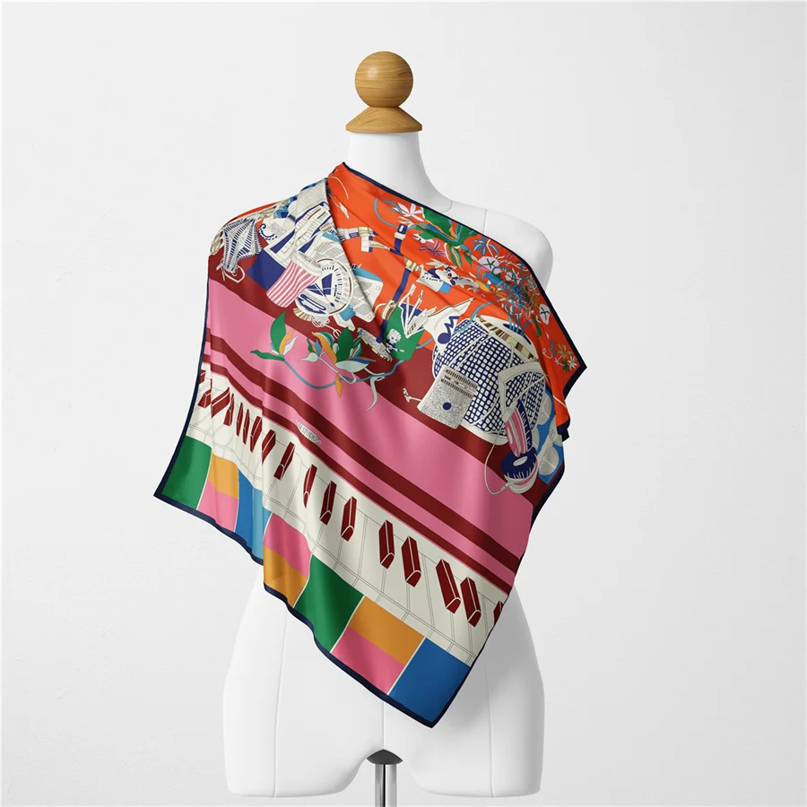 Twill Silk Scarf Woman Piano Concert Square Scarves Wraps Bandana Small Hijab Silk Foulards Tie Headband Neckerchief 53CM