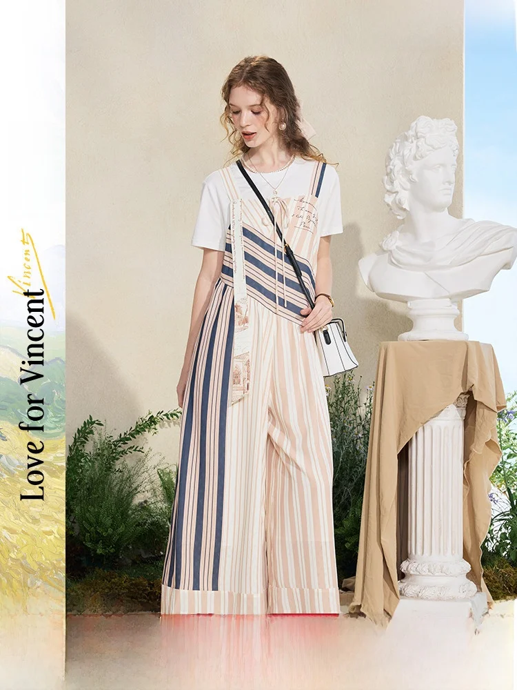 

Artistic Striped Print Wide Leg Pants Women's Faion Color Blo Blouse Sle Commute Polyester Fiber Nine Points Pants