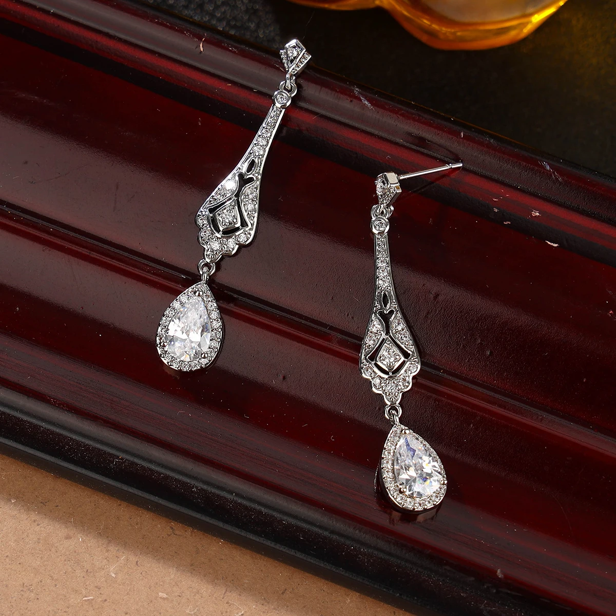 Silver Long Bridal Dangle Tear Drop Wedding earring for Wedding