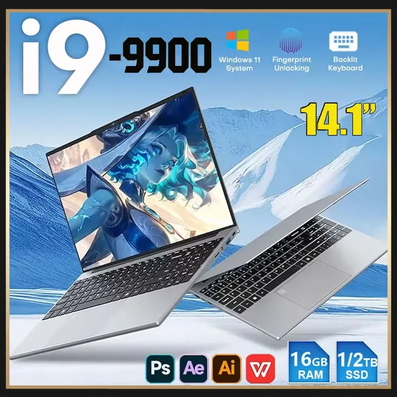 Intel Core I9 9900 2026 New 14.1"32GB RAM 2TB SSD Laptop Ultra Slim Gaming Laptop 1920*1080 Office Study Home Use