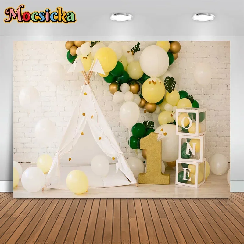 

Mocsicka Photography Background Bohemian Style Tent Balloon Cute Baby 1st Birthday Happy Birthday Kids Portrait Studio Banner