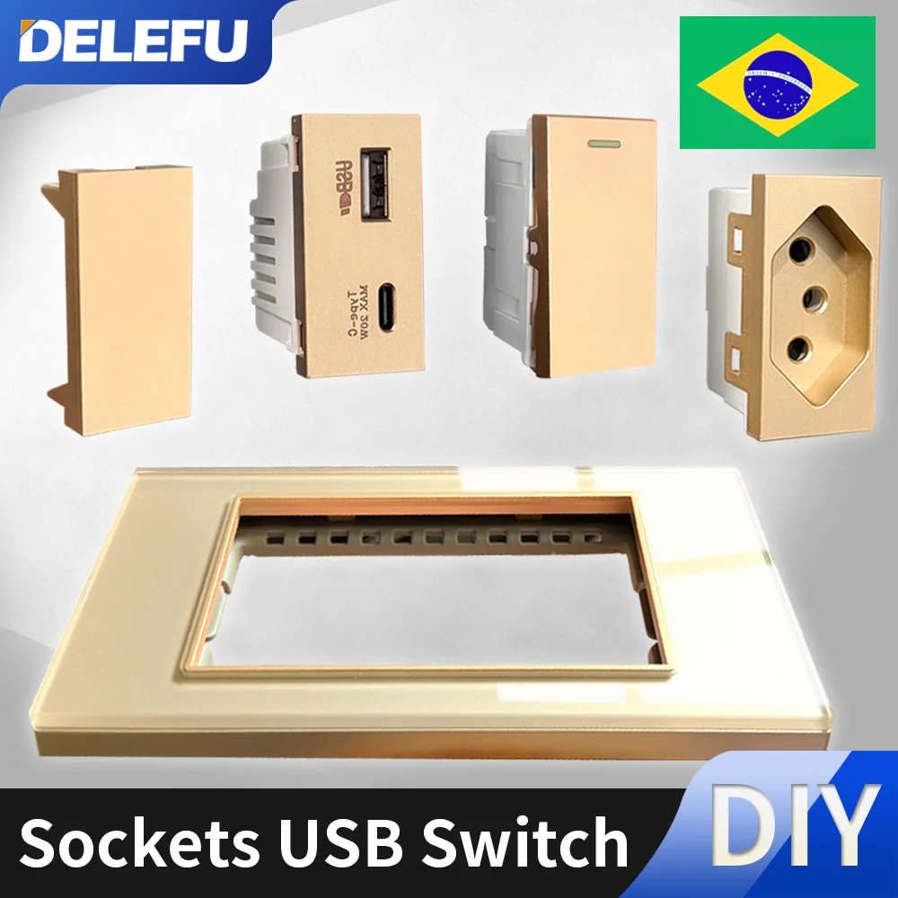 DELEFU Brazilian Standard Free Combination Function USB Type C Key DIY Switch Socket 118mm*72mm Gold Glass Panel