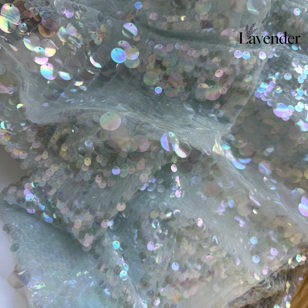 Light Blue Sheer Sequin Lace Tulle Fabric Sparkly Reflective Mesh for Sewing Wedding Dresses Stage Outfits DIY Fabric
