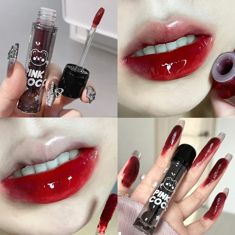 Dark Red Brown Mirror Lip Glaze Water Light Moisturizing Non-stick Cup Highly Pigmented Red Liquid Lipstick Lips Makeup Cosmetic