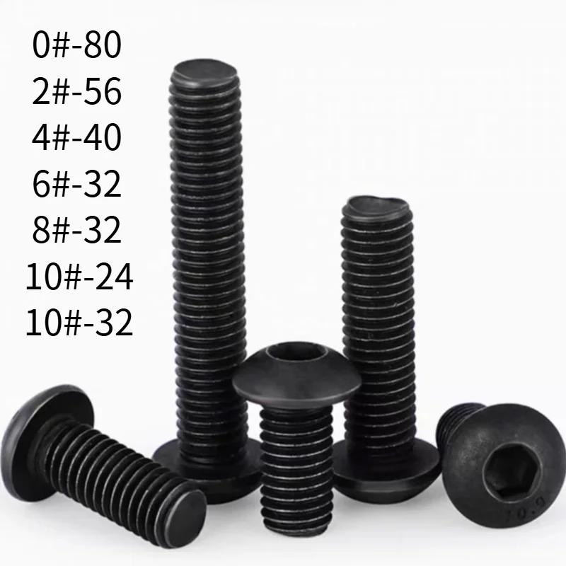 50 Pieces 0#-80 2#-56 4#-40 6#-32 8#-32 10#-24 10#-32 American Standard Round Head Hex Socket Screw Grade 10.9 Black Screws
