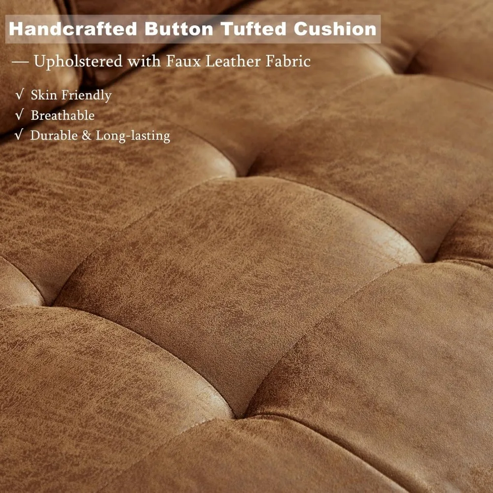 أريكة بمقعدين حديثة لمنتصف القرن مصنوعة من الجلد الصناعي مع مقعد عميق ووسادتين لغرفة المعيشة المنزلية