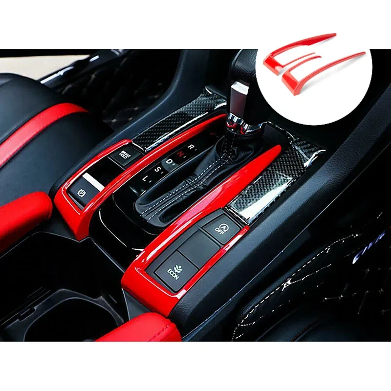 2Pcs/Set Car Automatic Gear Shift Panel Frame Trim Stickers Red For Honda Civic 10th Gen 2016 2017 2018 2019 2020 2021 Accessory