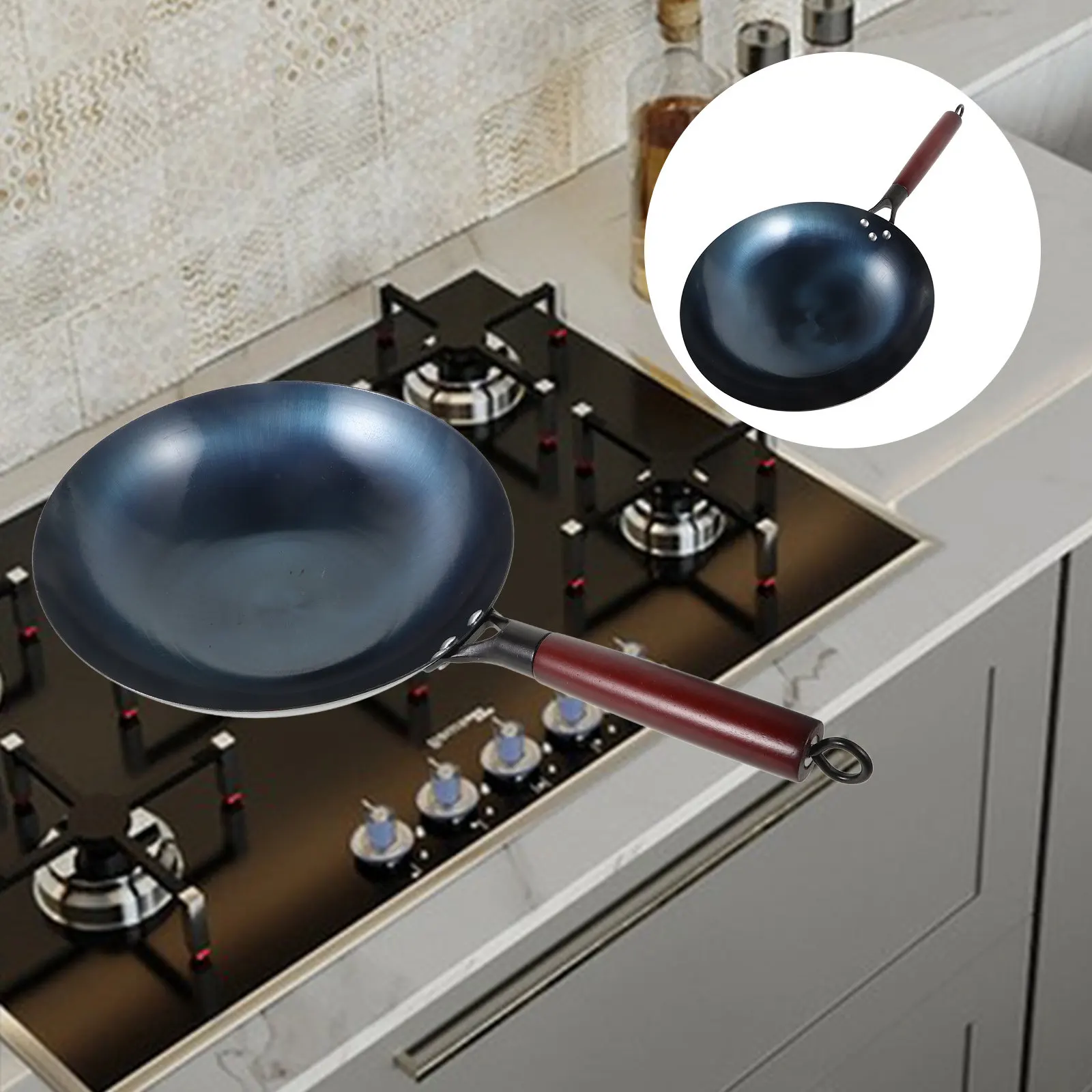 

Iron Wok Pan Non-Stick Cooking Pot for Stoves Small Wok with Wooden Handle Ideal for Bbq Vegetables Meat Home Kitchen Cookware