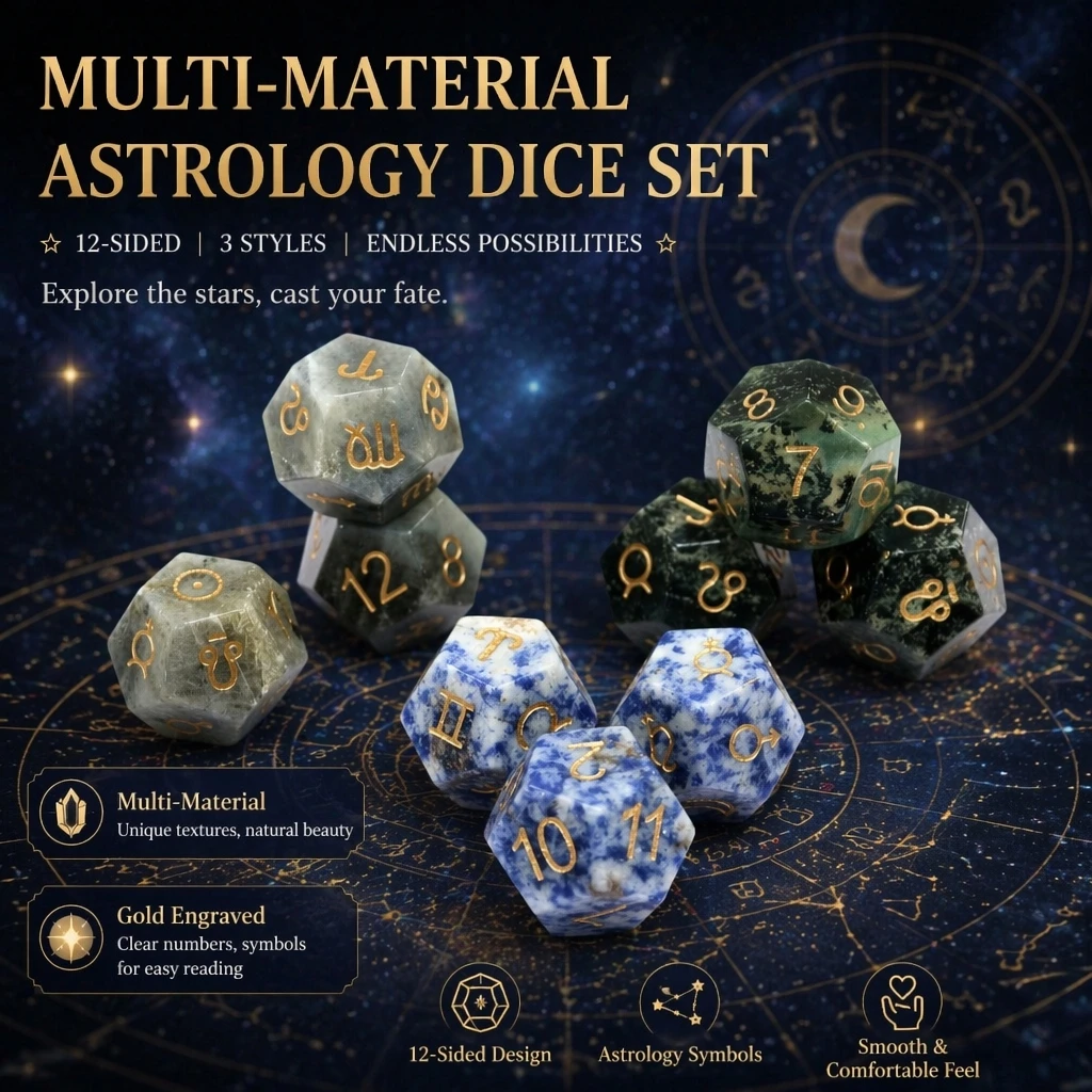 Natural Crystal Gemstone 12 Side Astrology Jewelry Carve 12 Constellations Symbol 3 Pcs Divination Polyhedral Custom Stone Dice