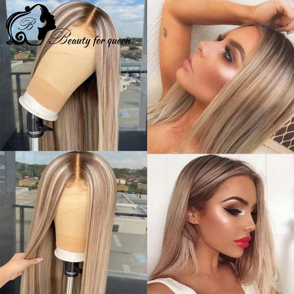 

Brazilian Human Hair Wig Highlight Brown Straight Transparent Lace Frontal Wigs 180 Density Ash Blonde For Women Pre Plucked