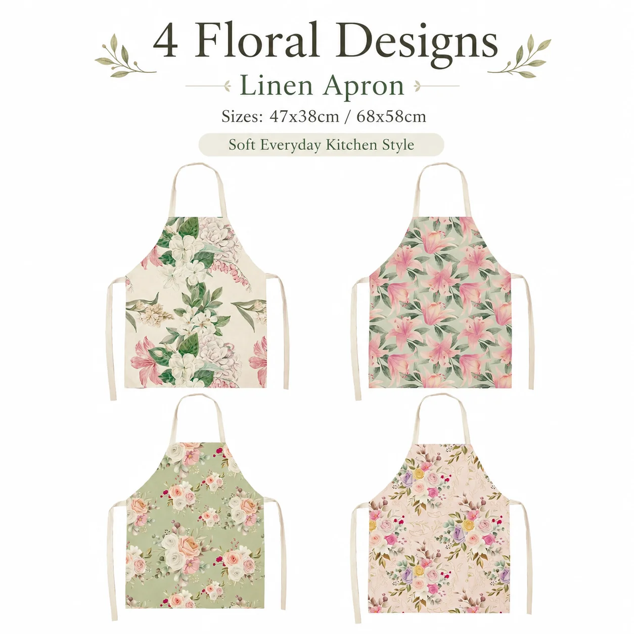 Women Linen Sleeveless Apron Vintage Floral Print Kitchen Cooking Baking Pinafore Cute Botanical Home Cleaning Bib for Ladies
