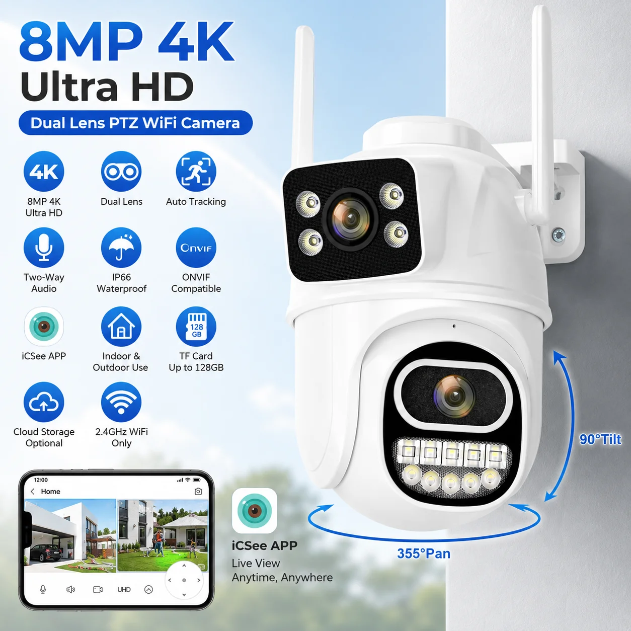 4K Outdoor Wi-Fi Camera 8MP Dual Lenses AI Face Recognition Auto-Tracking 4x Digital Zoom Wireless IP66 Waterproof IP CCTV ICSee