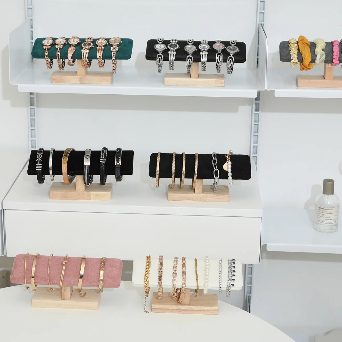 1 قطعة قاعدة خشبية T-شكل بولي Leather الجلود/الخملية سوار رف شاشة الإسورة ساعة هيرباند مجوهرات تخزين حامل حامل المنظم