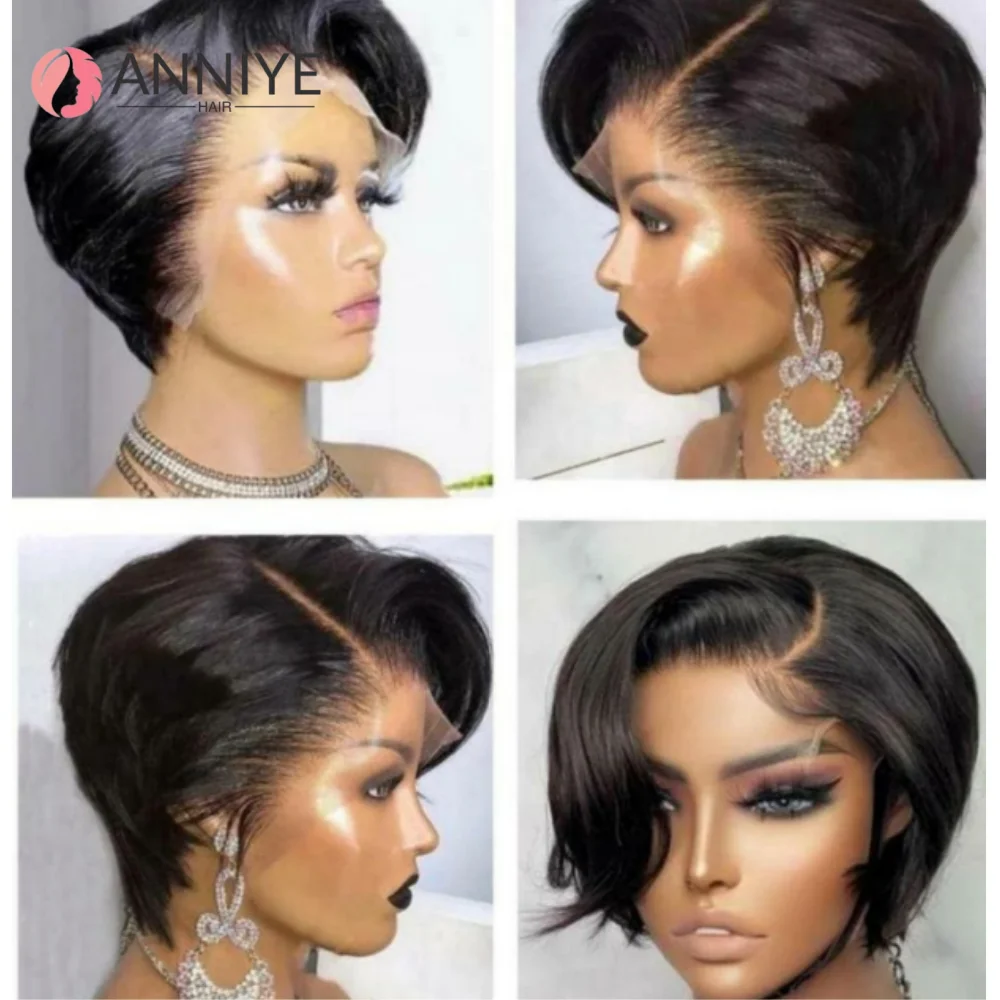 180% Pixie Cut Short Bob Wig Bone Straight Brazilian Hair Pixie Cut Wig Side Part 13x4 Hd Transparent Lace Front Human Hair Wigs