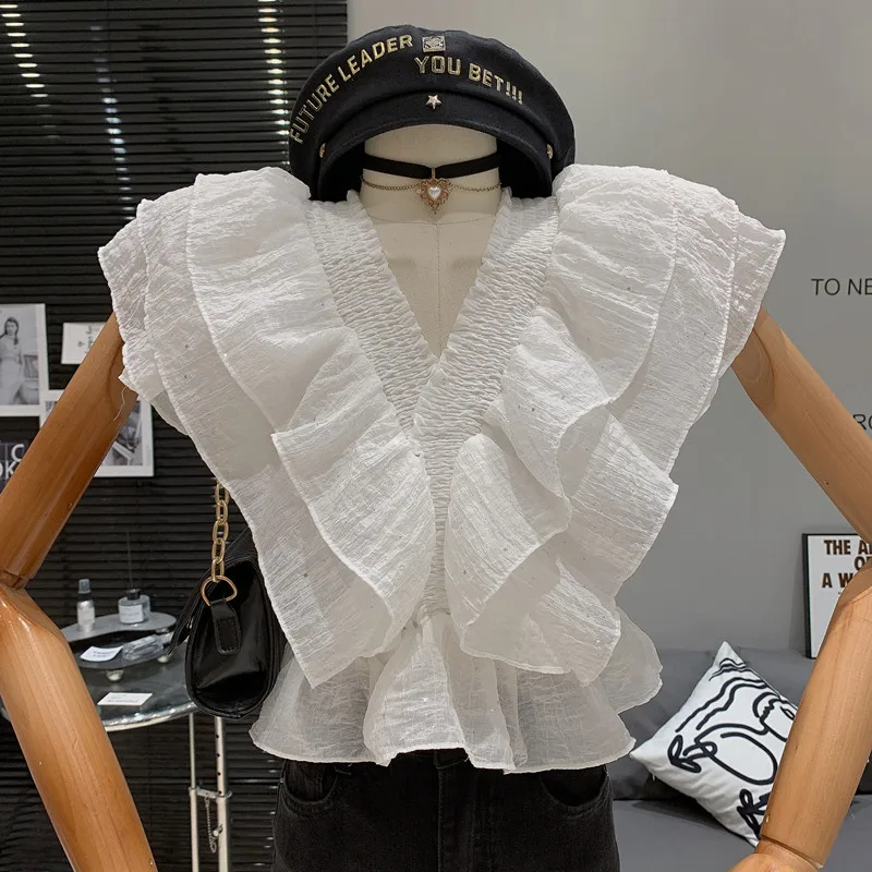 

Sweet and versatile solid color double layered ruffle design with pleated V-neck short shirt top blusas elegantes