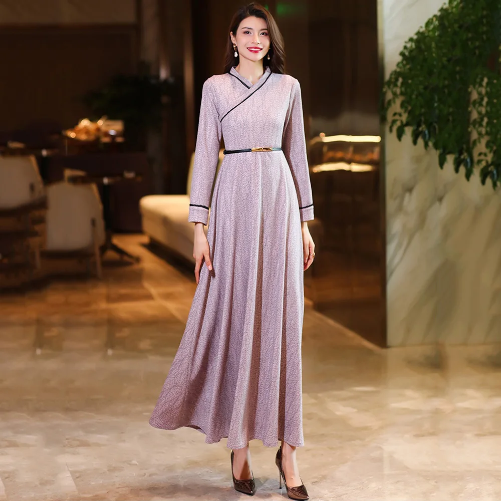 

New Women Spring Autumn Violet Floral Dress Fashion Chinese Style V-Neck Long Sleeve Slim Dress Elegant Overlength Dress