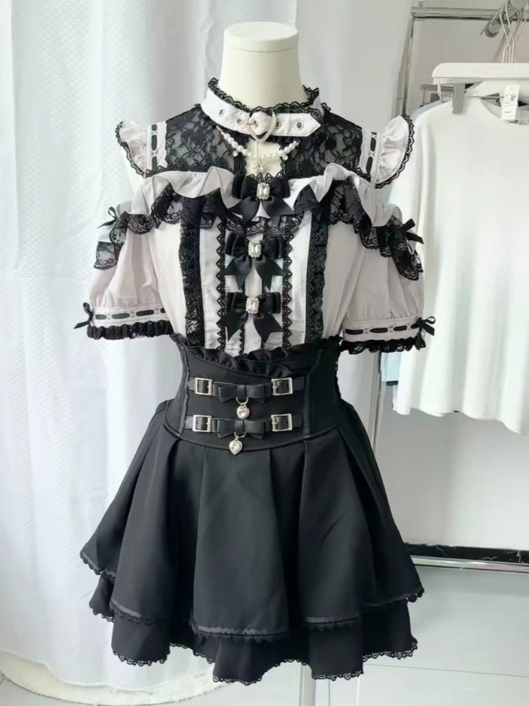 

Японская блузка в стиле кавайи лолита с рюшами, женская, в стиле харадзюку, милая, с бантом, кружевными вставками, легкая, повседневная рубашка свободного кроя, милые топы