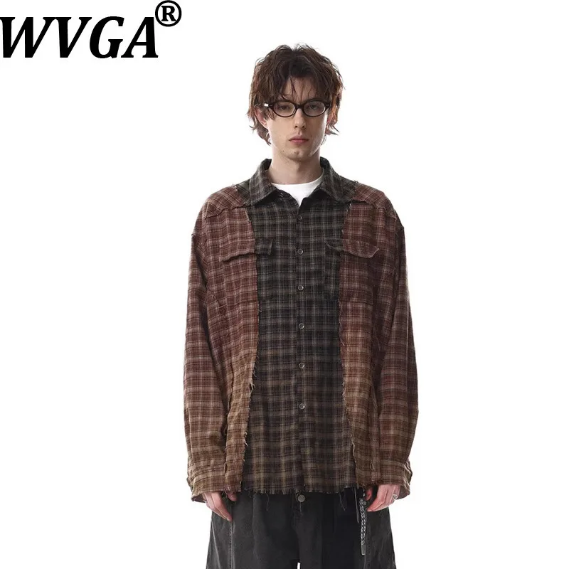 WVGA Spring New Men's Vintage Color-Block Brushed Patch Pocket Design Plaid Long Sleeved Shirt Niche Chic Casual Tops Ins W26895