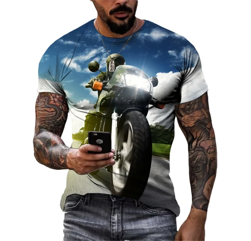 Sports Style Motorcycle Race T-Shirts For Men 3D Print Hip Hop Personality Round Neck Tee Tops Leisure Short Sleeve Mens Shirts