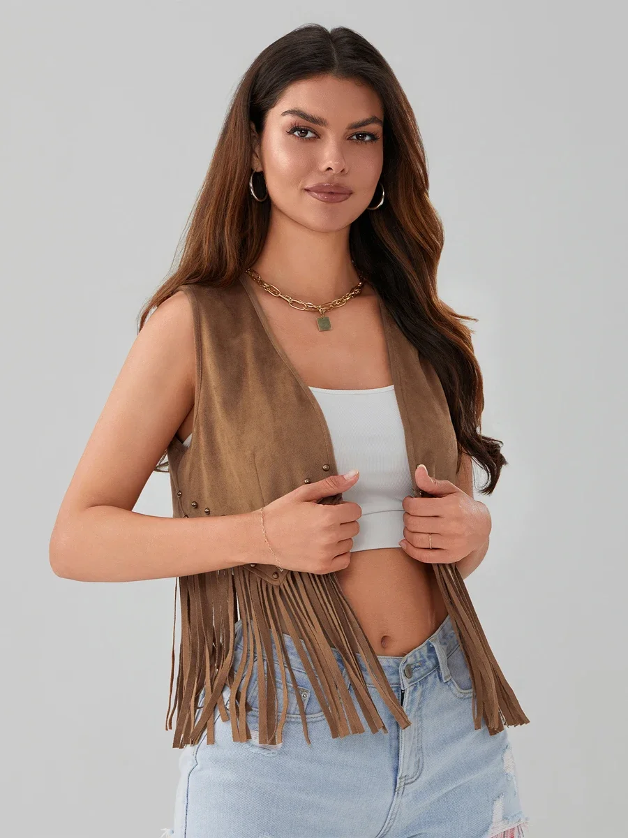 

New Women's Hippie coat vest lightweight solid open sleeveless jacket with tassels, sequins suitable for street clothes coat