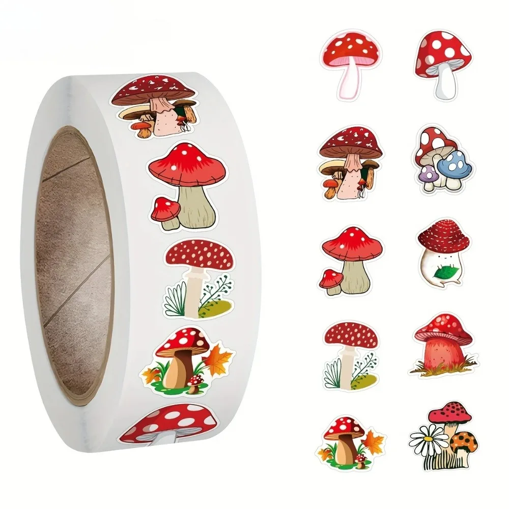 500 autocollants récompense champignon par rouleau, autocollants d'encouragement mignons de dessin animé pour l'école, décoration de scrapbooking, autocollants pour skateboards et ordinateurs portables