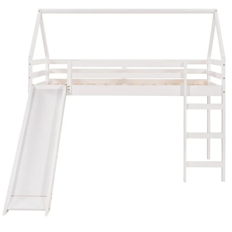 Cama loft de tamaño doble con tobogán, cama de casa con tobogán, blanco