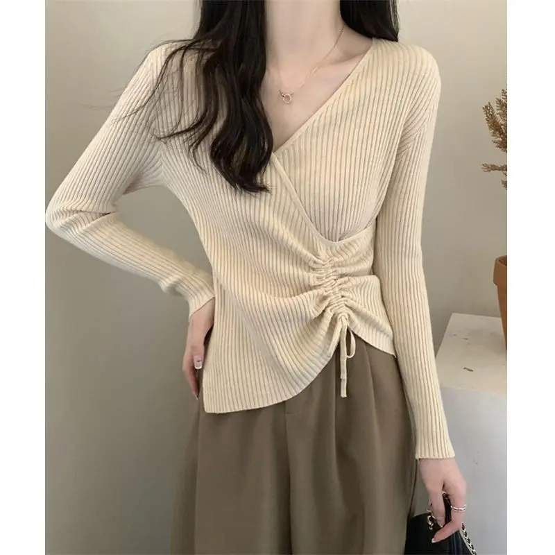 Irregular Design V-neck Knitted Sweater for Women with a Niche and Unique Style, as Well as a Base Sweater and Drawstring Top