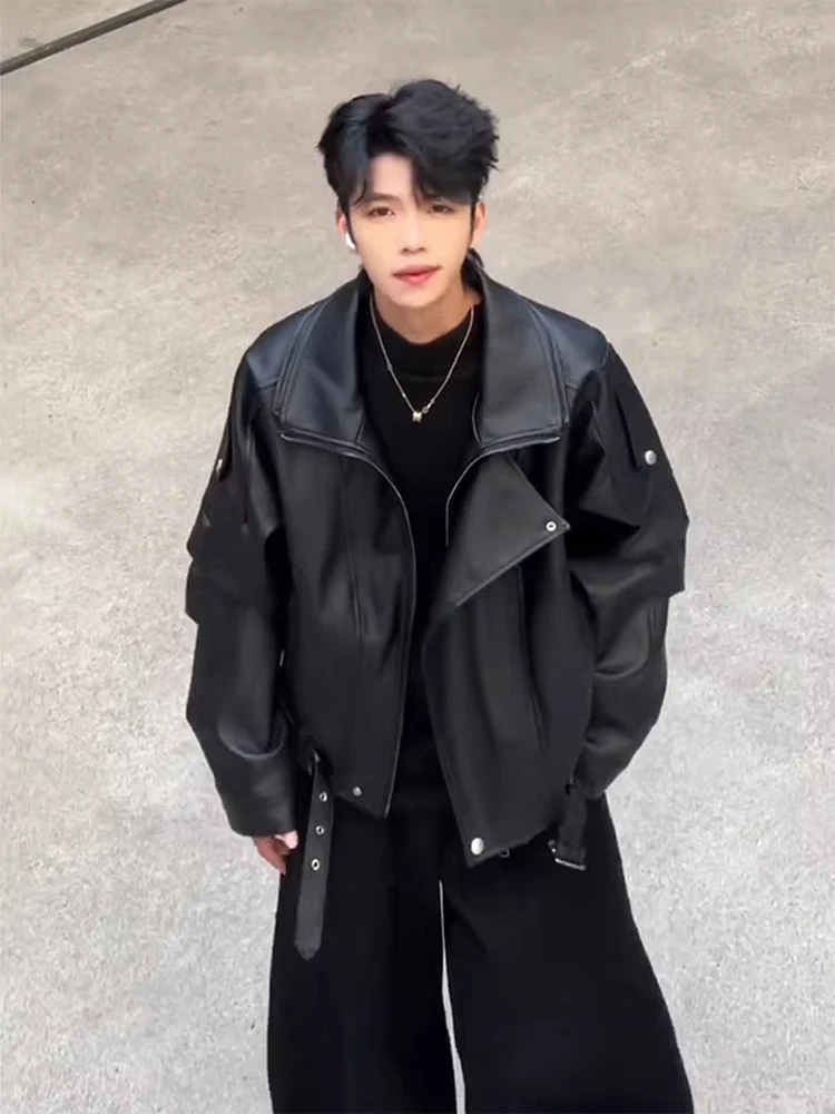 

American Sle Men's Bla Leather Jaet Motorcycle Coat Spring Autumn New Faion Brand Deconstructed Jaet Zipper PU Leather
