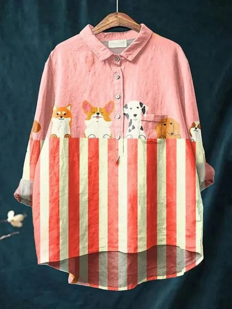Women's Cute Dog Print Striped Blouse Collared Long Sleeve Half Button Casual Loose Fit Linen Tunic Shirt Puppy Top 5XL